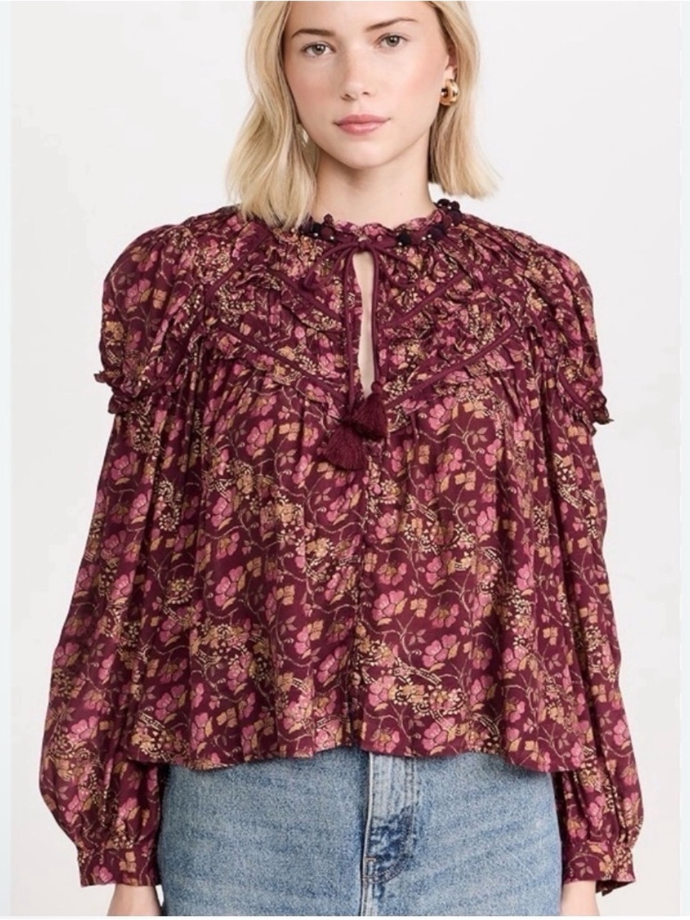 Sea New York Burgundy Floral romantic Peasant Blouse fairy boho embellishments s